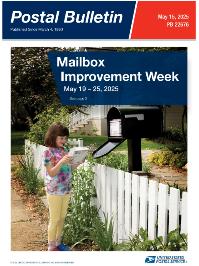 Postal Bulletin publication cover promoting Mailbox Improvement Week and showing a little girl checking a mailbox